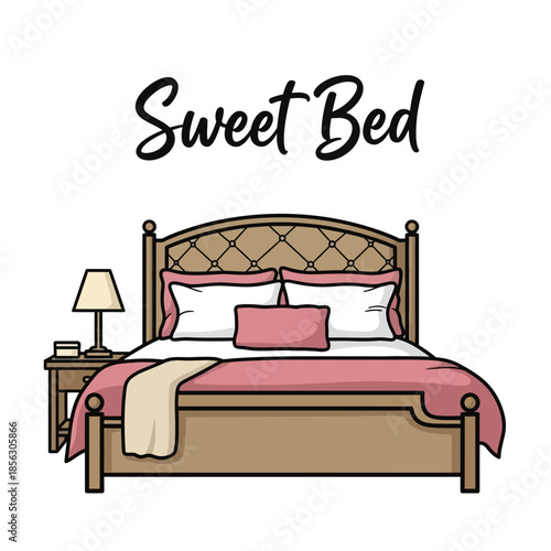 A charming cartoon illustration of a cozy bed with bedside table and lamp