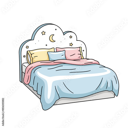 A charming illustration of a whimsical bed with a cloud shaped headboard