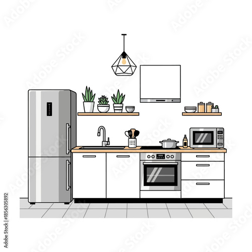 A simple modern kitchen design with appliances and open shelving visualized