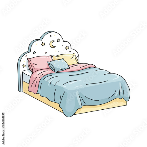 A charming illustration of a child s bed with dreamy celestial decorations