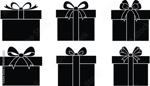Gift box silhouettes, ribbon styles, black icons, festive packaging, holiday design, vector illustration, cad drawing flat vector illustration, decorative bows, present shapes, simplified style