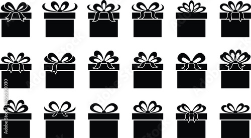Gift box silhouettes set, present package ribbon bow icons collection, celebration holiday surprise symbols, cad drawing flat vector illustration