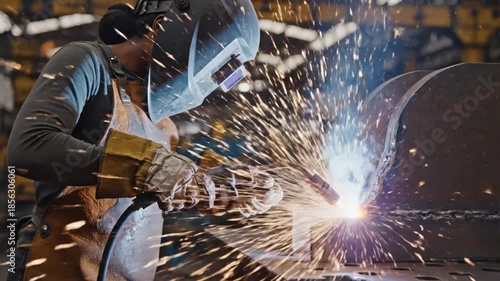 Skilled Industrial Welder Creates Sparks While Working on Metal Fabrication.