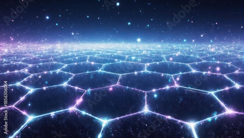Abstract digital hexagon grid with glowing lights in the dark space.