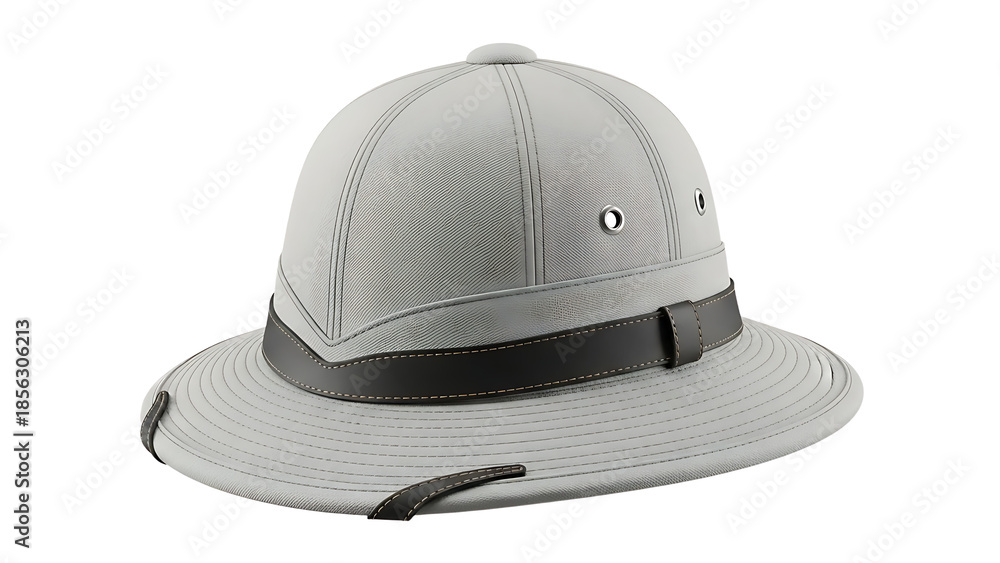 Fototapeta premium Light Grey Safari Hat with Black Strap and Metal Eyelets on White Background