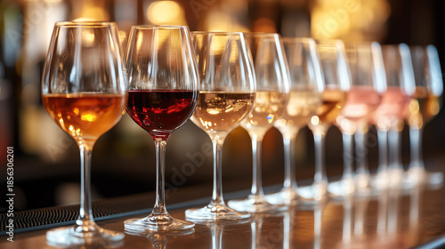 Close-up of neatly arranged wine glasses
