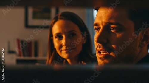 Couple in Warm Light Discussing Something Together Indoors.