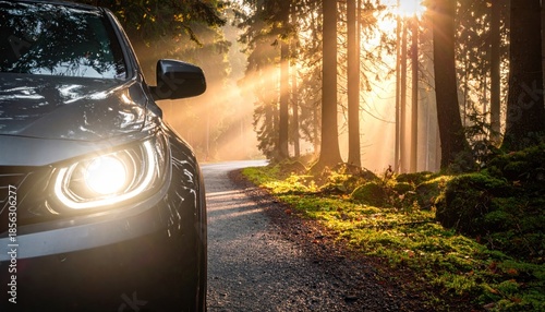 Car Driving Through Forest Road with Sunlight and Trees.