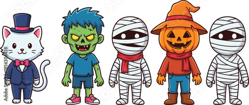 Halloween characters, cartoon costumes, spooky lineup, mummy, zombie, pumpkin head, white cat, festive illustration, cute monsters, holiday theme, fun