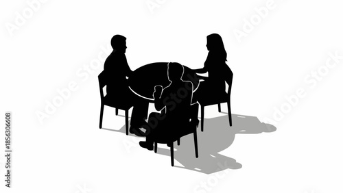 Silhouettes of three people sitting around a round table in discussion.