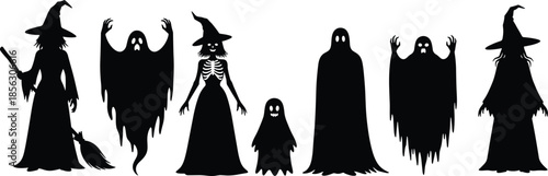 Halloween silhouette collection, spooky ghost icons, witch character shapes, festive horror design, cad drawing flat vector illustration