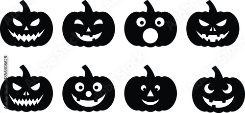 Halloween pumpkin silhouettes, spooky jack-o'-lantern faces, scary expressions, festive decoration, black icons, carving ideas, eerie design elements