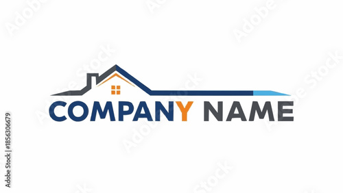 Modern Company Name Logo with House Icon and Blue Line.