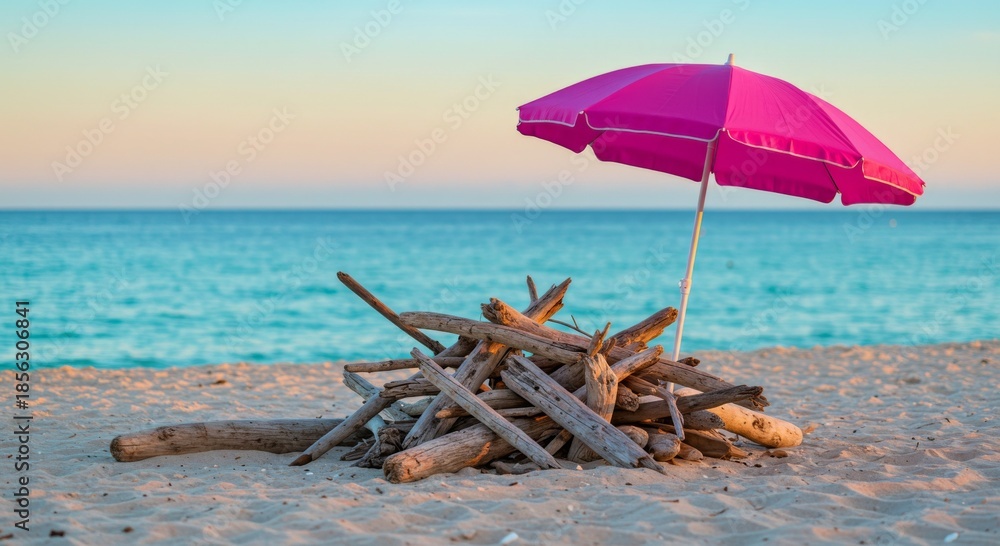 Fototapeta premium Pink Umbrella and Driftwood on a Sandy Beach at Sunset
