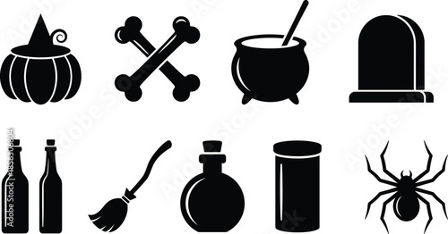 Halloween silhouette icons, witchcraft vector set, spooky black symbols, potion bottle, gravestone, broomstick, spider, cauldron, eerie design elements