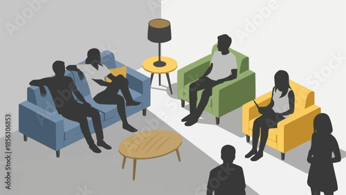Diverse group of people gathered in a modern living room setting.