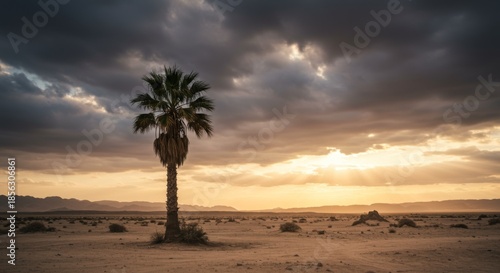 Lone Palm Tree at Sunset in a Desert Landscape