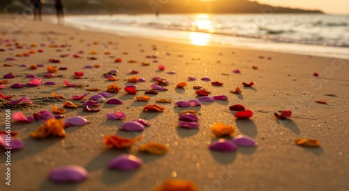 Sunset Beach with Scattered Pink and Orange Flower Petals