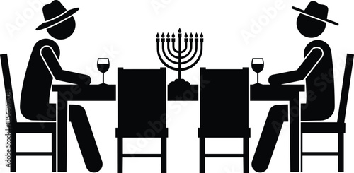 Hanukkah dinner, menorah candles, Jewish celebration, holiday table, silhouette people, wine glasses, CAD drawing, flat illustration, festive tradition