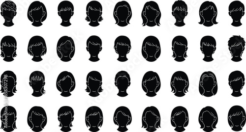 Head silhouette hairstyle grid, diverse hair icons, fashion texture styles, beauty design elements, cad drawing flat vector illustration