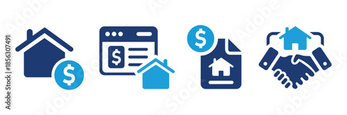 A collection of icons representing real estate transactions and finance