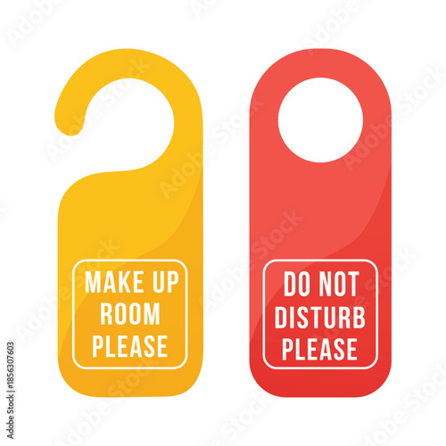 A colorful set of hotel door hangers with distinct messages inviting service