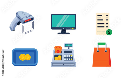 A collection of retail and checkout icons representing shopping technology