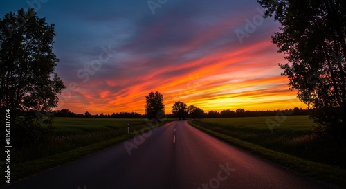 Vibrant Sunset Over Rural Road