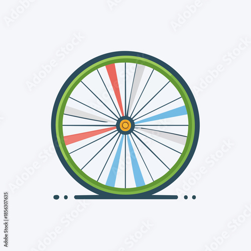 Colorful bicycle wheel with spokes and rim design on white background.