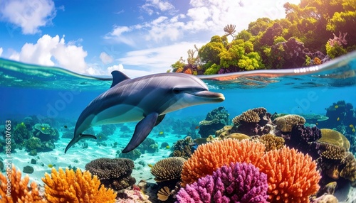 Dolphin swimming in clear blue ocean water near colorful coral reef and tropical island.