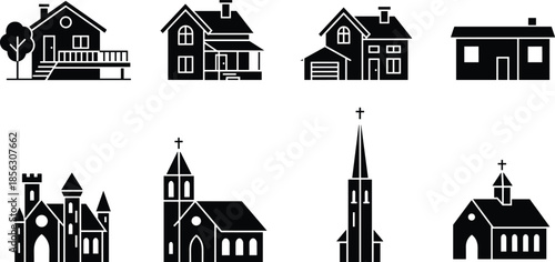 House and church silhouette icon set architecture buildings collection real estate religion concept cad drawing flat vector illustration