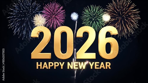 Golden 2026 and Happy New Year text with festive fireworks