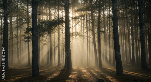 Sunlit Foggy Forest Path