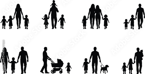 Family silhouette collection, diverse group poses, parent and child interaction, black figures, everyday activity, cartoon design, social concept