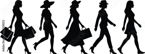 Fashion silhouettes, stylish women walking, urban chic, shopping theme, trendy outfits, black silhouettes, modern style, feminine elegance, hat, heels