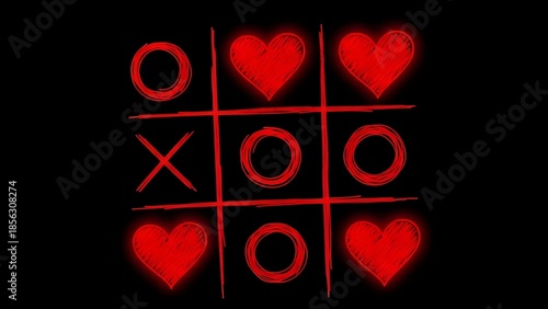A glowing red, hand-drawn tic-tac-toe grid featuring hearts, circles, and an X on a black background, symbolizing love and playful romance.