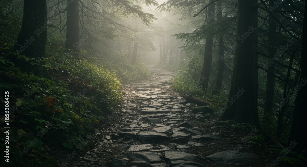 Fototapeta premium Misty Forest Path: A Stone Trail Through Lush Green Woods