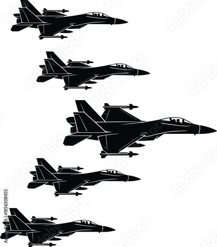 Fighter jet silhouette formation, military aircraft, aerial symmetry, black vector, missile-equipped, aviation power, tactical flight, defense, air force
