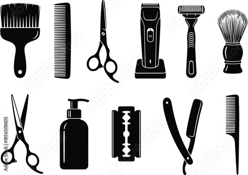 Barber shop tools silhouette icon set, hair cutting grooming equipment vector collection including scissors clippers razors combs brushes isolated