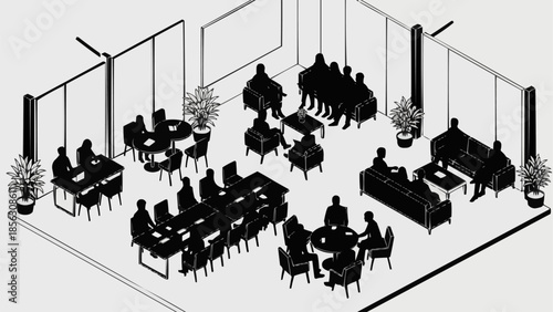 Business meeting room with people silhouettes in isometric view.