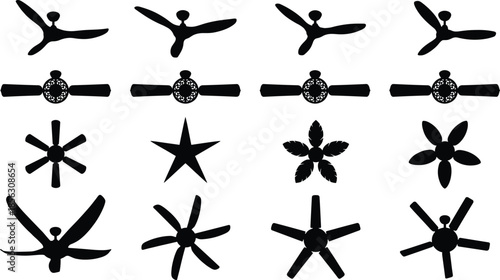 Ceiling fan icons set, modern decorative fan blades and rotor shapes, minimal black silhouette symbols for home appliance illustration