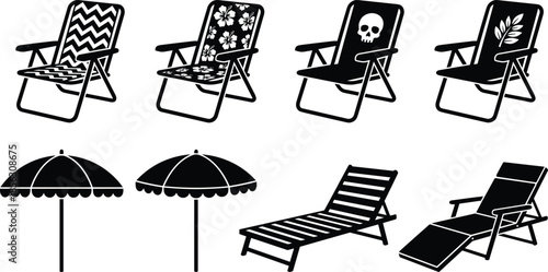 Beach chair and umbrella silhouette icon set, outdoor summer furniture vector collection for vacation, seaside, resort, relaxation design