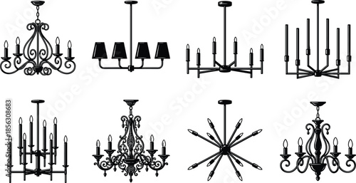 Chandelier icon set silhouettes featuring vintage and modern ceiling lighting, luxury decorative hanging lamps collection isolated black vector illustration design