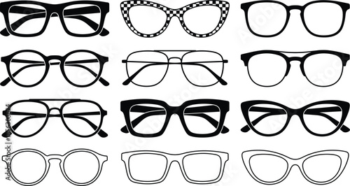 Eyeglasses icon set, optical frame silhouettes collection, fashion eyewear shapes, vintage and modern glasses vector illustration, isolated design