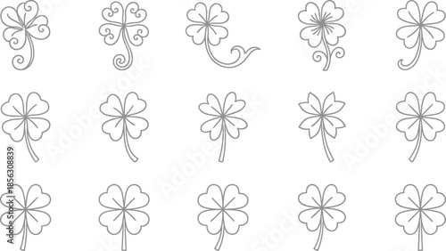 Four leaf clover outline icon set with decorative shamrock designs, lucky floral symbols collection isolated gray line vector illustration