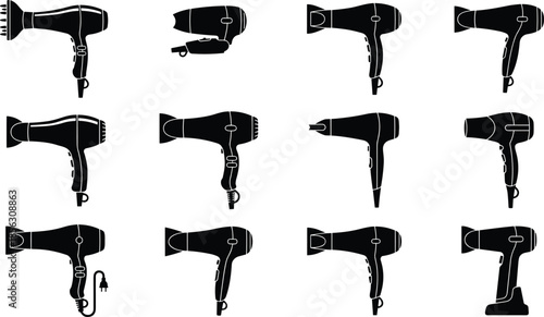 Hair dryer silhouette icon set, black vector electric blow dryer collection for beauty salon, hair styling, grooming equipment design