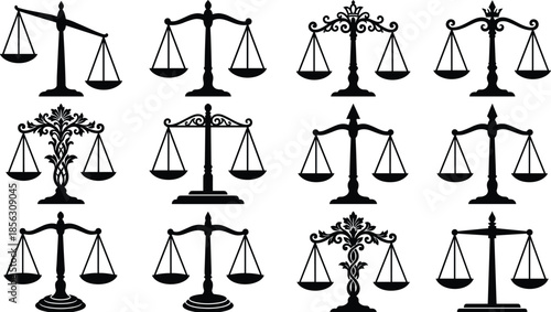 Justice scales icon set silhouettes collection showing legal balance, law equity symbols, courtroom justice concept isolated black vector illustration