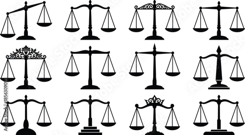 Justice scales icon set silhouettes, legal balance symbols collection, courtroom law equity concept isolated black vector illustration on white background