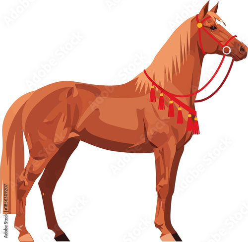 Elegant Brown Horse Illustration with Decorative Red Bridle and Tassels, Side View on White Background, Vector Art