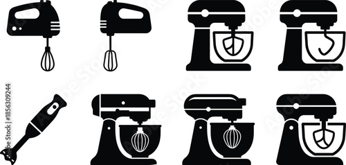 Kitchen mixer icons set, electric hand mixers and stand mixers, minimal black silhouette cooking appliance illustration collection